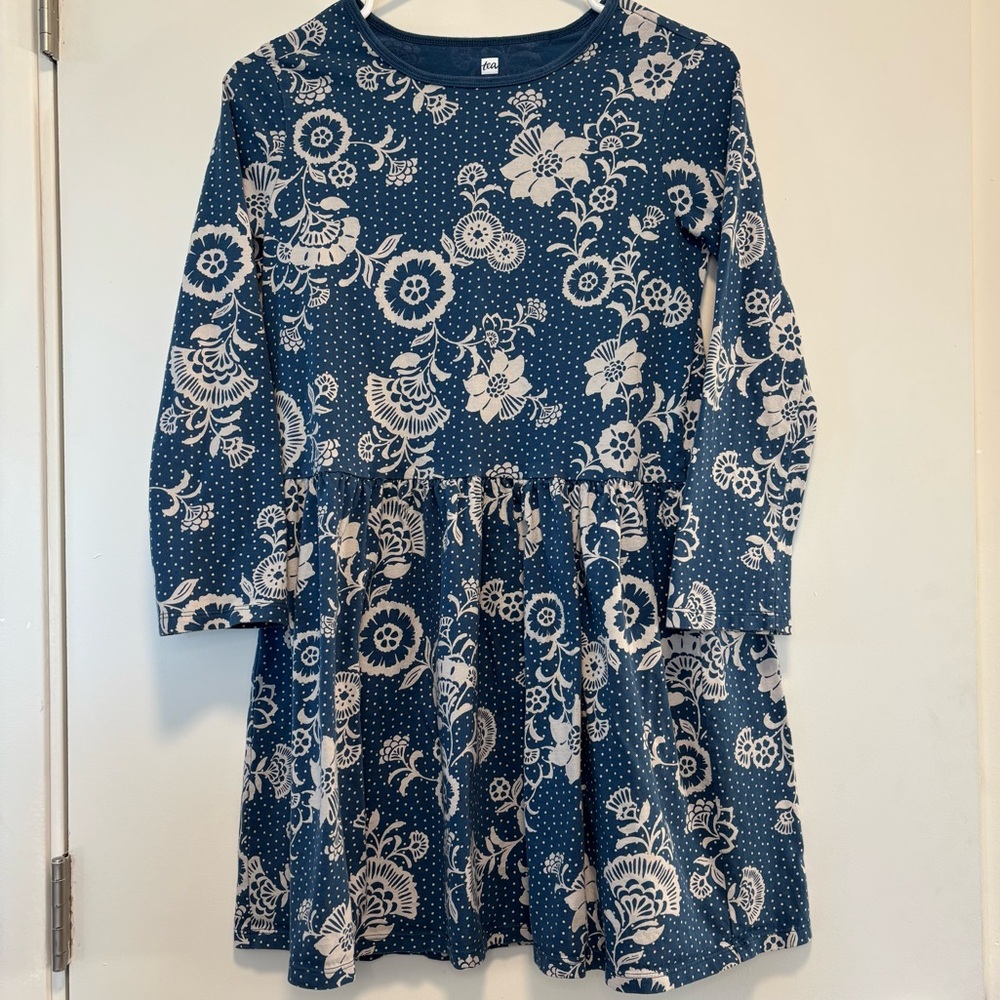 Tea Collection Blue Long Sleeve Skirted Dress Floral & Dot Print Girl Size 14